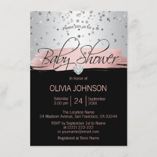 Invitación Baby Shower Chica negro rosado de plata personaliz