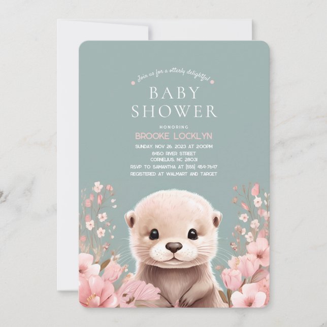 Invitación Baby Shower Chica Otter Adorable con flores rosada (Anverso)