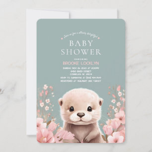 Invitación Baby Shower Chica Otter Adorable con flores rosada