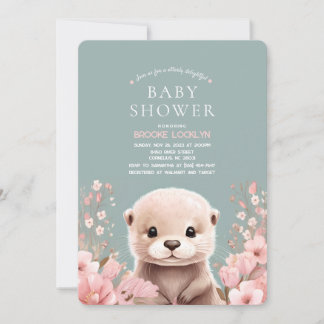 Invitación Baby Shower Chica Otter Adorable con flores rosada