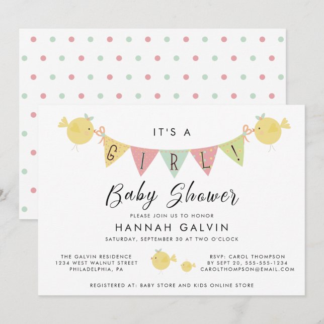 Invitación Baby Shower chica | Pájaro mami con marica (Anverso / Reverso)