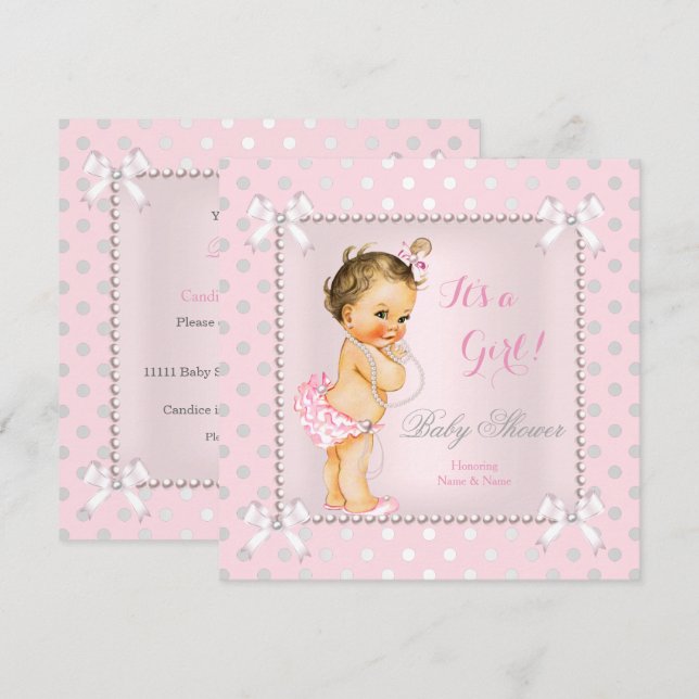 Invitación Baby Shower Chica Pink Gray Pearl Brunette (Anverso / Reverso)