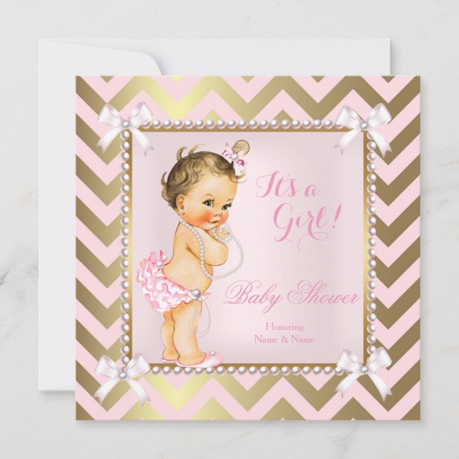 Invitación Baby Shower Chica Pink Pearl Gold Chevron Brunette (Anverso)