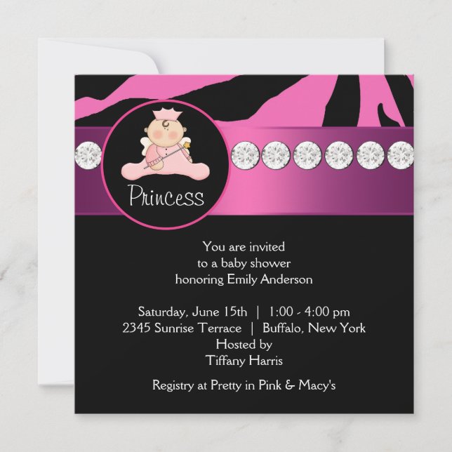 Invitación Baby Shower Chica Princesa de Cebra Rosa Caliente (Anverso)