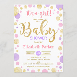 Invitación Baby Shower chica - Puntos de oro morado rosado