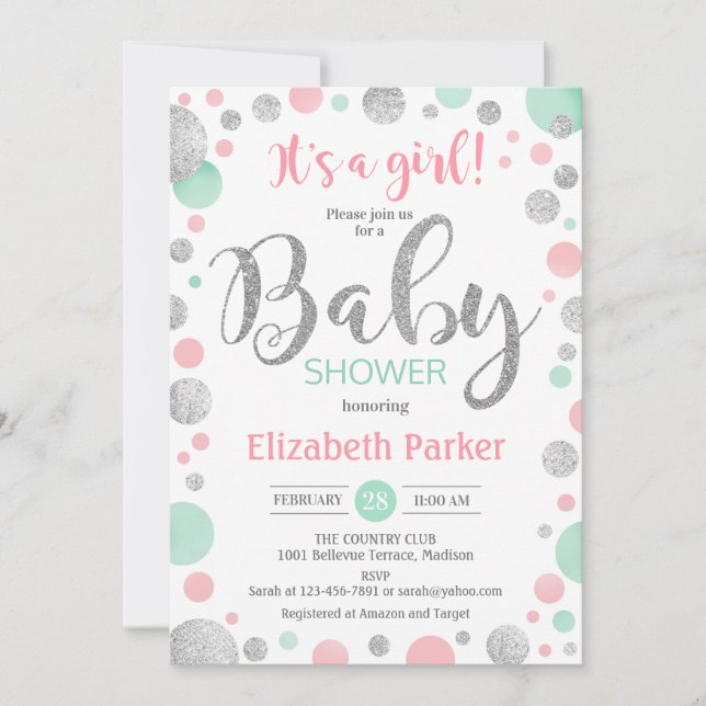 Invitación Baby Shower chica - puntos de plata de menta rosa (Anverso)