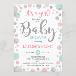 Invitación Baby Shower chica - puntos de plata de menta rosa