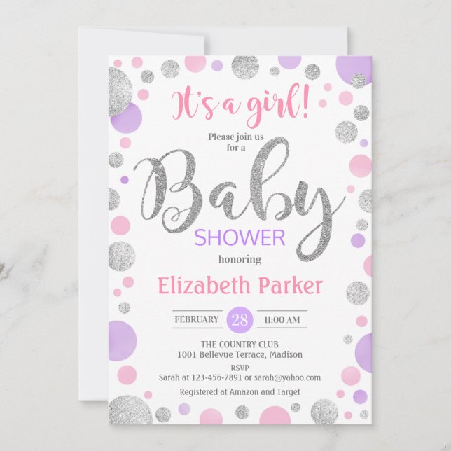 Invitación Baby Shower chica - Puntos rosados de plata morada (Anverso)