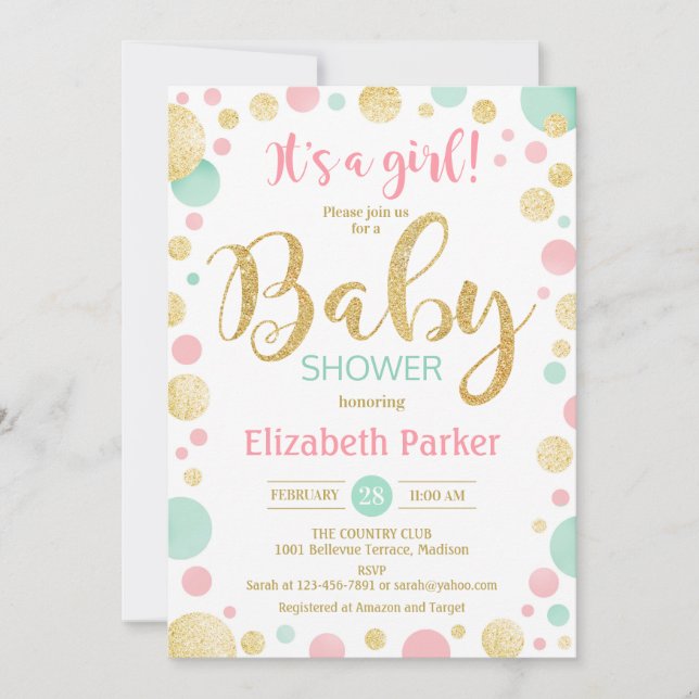 Invitación Baby Shower chica - Puntos verdes de la Moneda de  (Anverso)