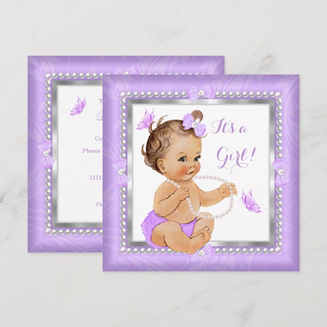 Invitación Baby Shower Chica Purple Pearl Butterfly Brunette (Anverso / Reverso)