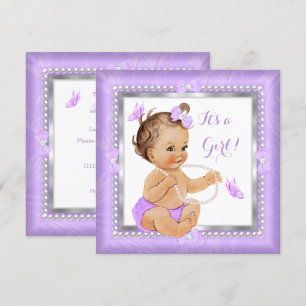 Invitación Baby Shower Chica Purple Pearl Butterfly Brunette