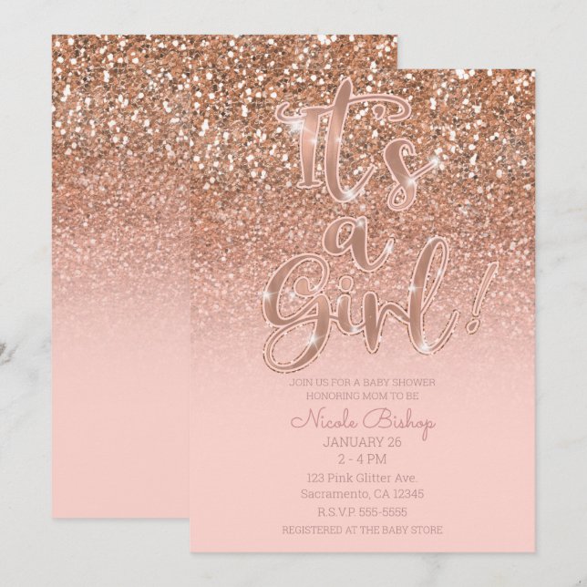 Invitación Baby Shower Chica Purpurina de Glam Rosa de Rubor  (Anverso / Reverso)