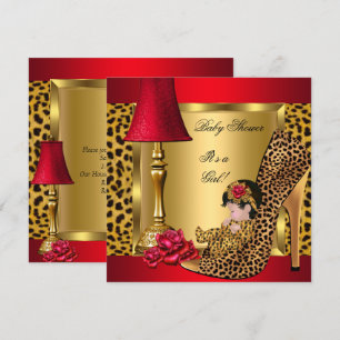 Invitación Baby Shower Chica Red Gold Rosas Leopard Shoe 1