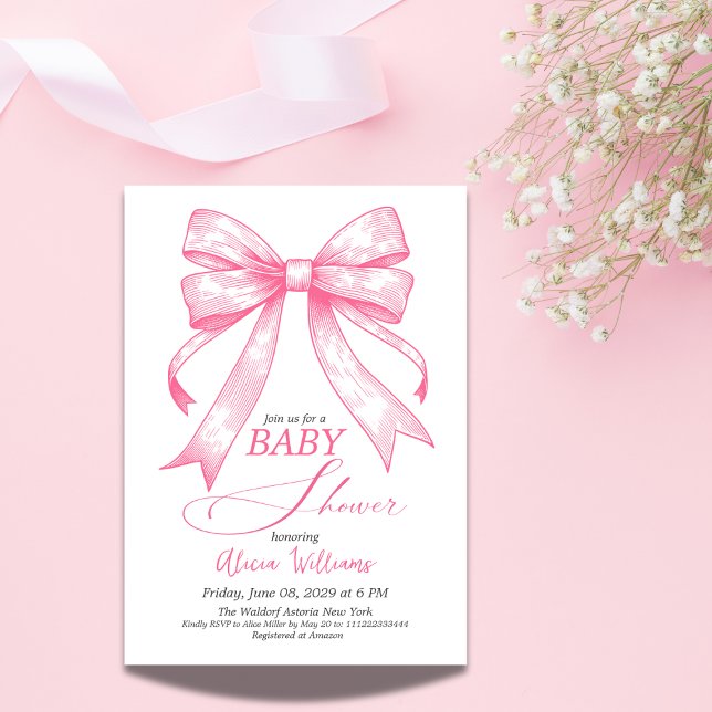Invitación Baby Shower Chica Retro Coquette Pink Bow (Subido por el creador)