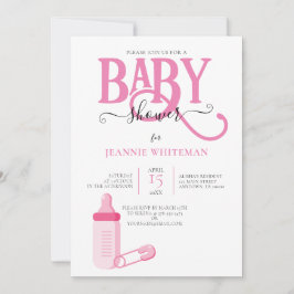 Invitación Baby Shower CHICA ROSA CON FRASCO DE BEBÉ