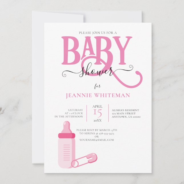 Invitación Baby Shower CHICA ROSA CON FRASCO DE BEBÉ (Anverso)