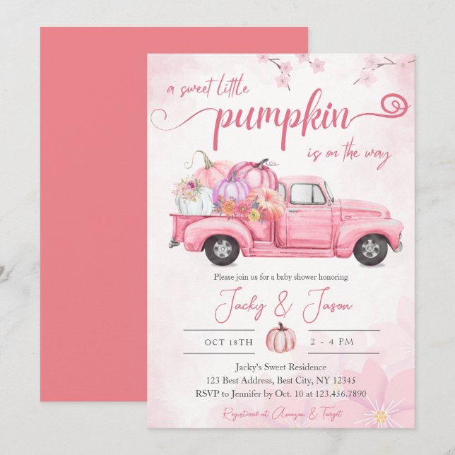 Invitación Baby Shower Chica rosa de calabaza pequeña dulce (Anverso / Reverso)