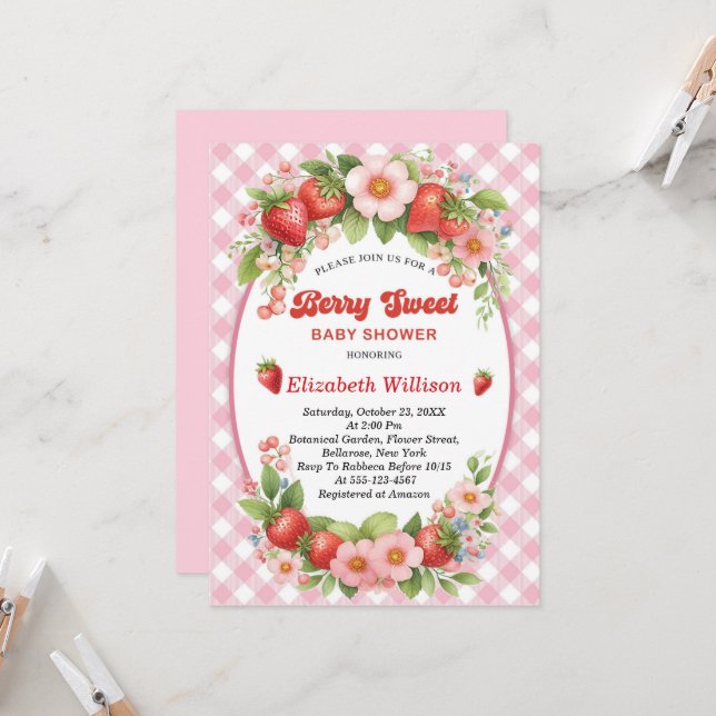 Invitación Baby Shower Chica rosa de fresa dulce de Berry (Anverso/Reverso In Situ)