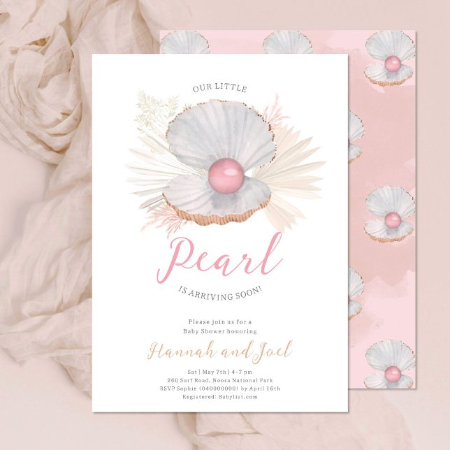 Invitación Baby Shower Chica rosa de la concha oceánica Pearl (Subido por el creador)