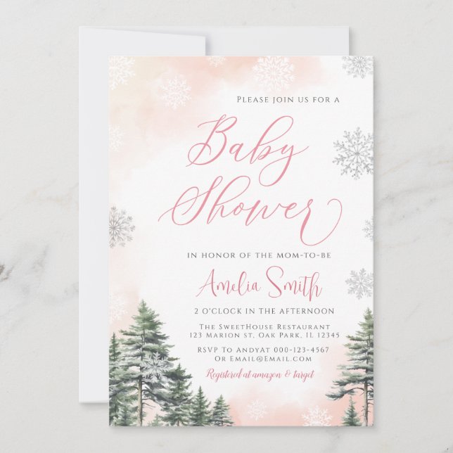 Invitación Baby Shower, Chica rosa de los bosques de invierno (Anverso)