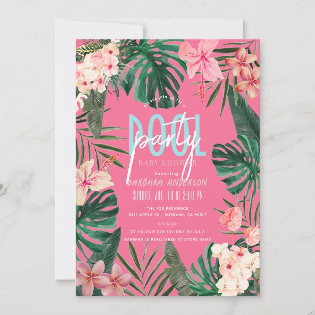 Invitación Baby Shower Chica rosa de neón floral tropical (Anverso)