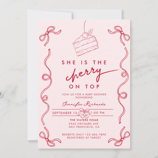 Invitación Baby Shower Chica rosa del pastel de cereza rojo (Anverso)