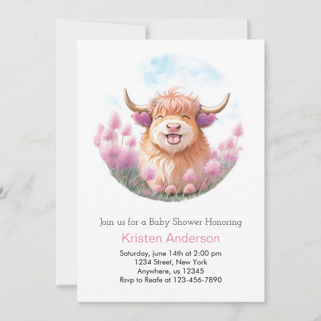 Invitación Baby Shower Chica rosa editable de vaca de Highlan (Anverso)