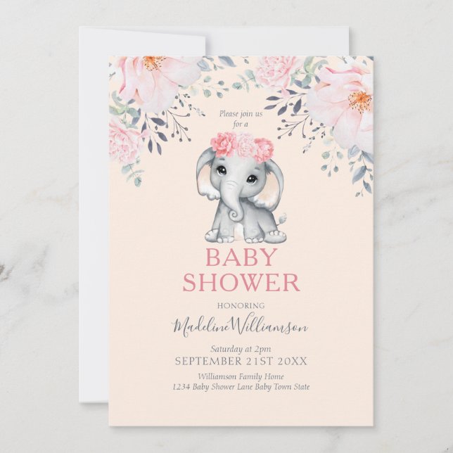 Invitación Baby Shower Chica rosa floral elefante (Anverso)