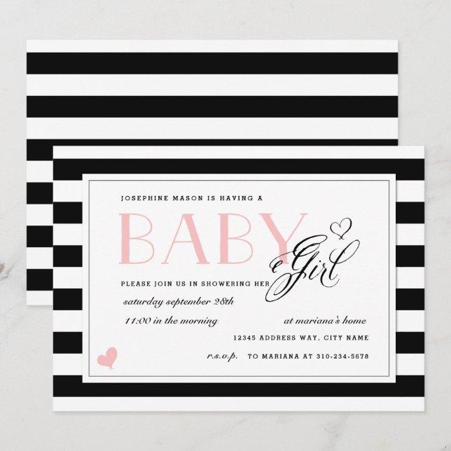 Invitación Baby Shower Chica rosa pálido de franja blanca y n (Anverso / Reverso)