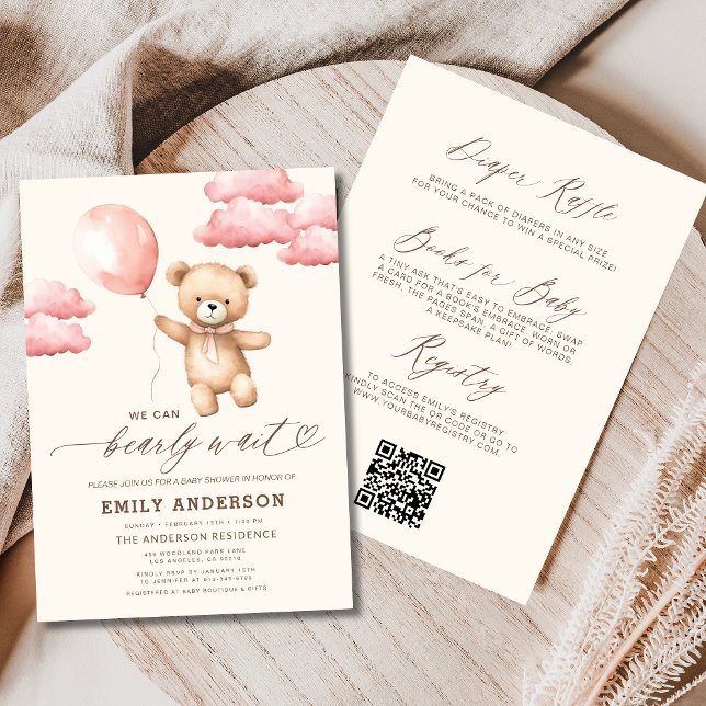 Invitación Baby Shower Chica rosa todo en un solo Bearly Wait (Subido por el creador)