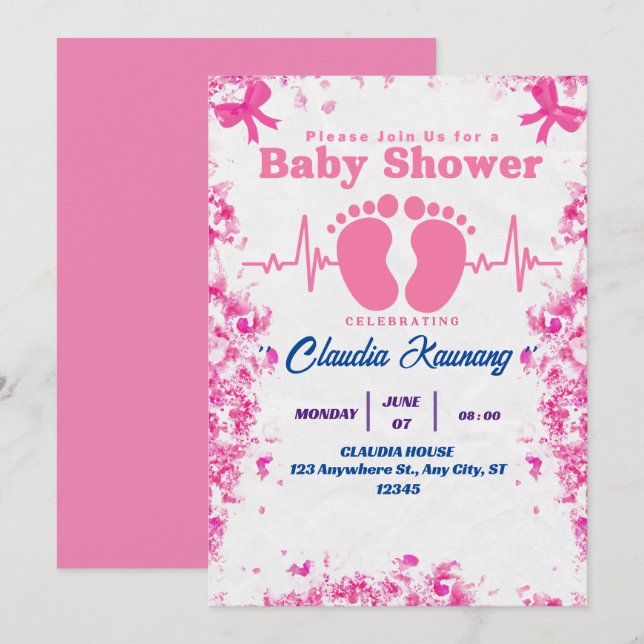 Invitación Baby Shower Chica rosa y azul (Anverso / Reverso)