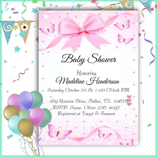 Invitación Baby Shower Chica Rosado Bow Y Butterfies (Subido por el creador)