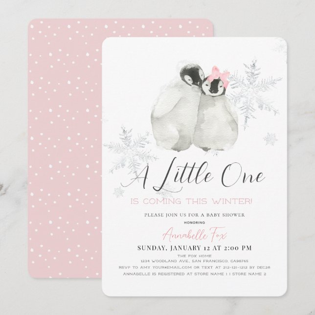 Invitación Baby Shower, Chica rosado de copo de nieve en invi (Anverso / Reverso)