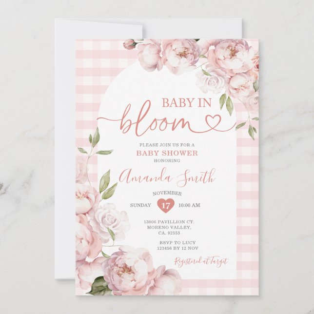 Invitación Baby Shower, Chica rosado de Gingham, bebé en flor (Anverso)