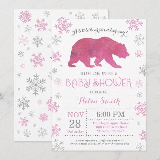 Invitación Baby Shower Chica rosado  de invierno de oso polar (Anverso / Reverso)