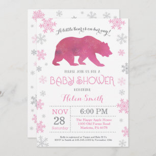 Invitación Baby Shower Chica rosado  de invierno de oso polar