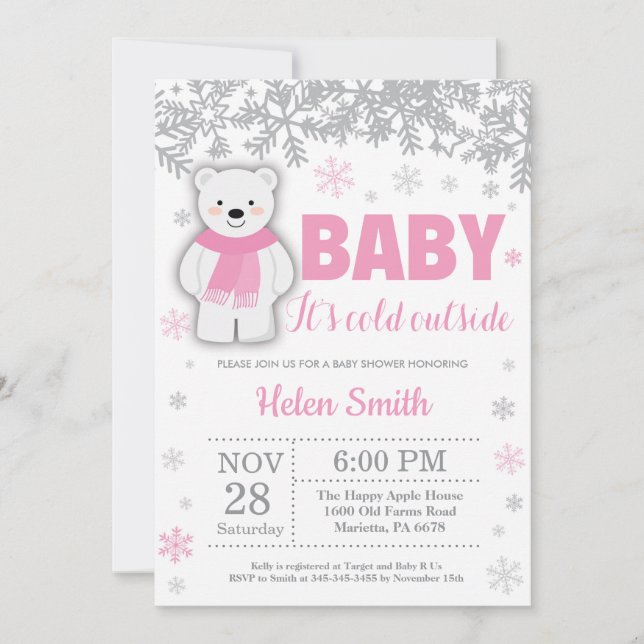 Invitación Baby Shower Chica rosado  de invierno de oso polar (Anverso)
