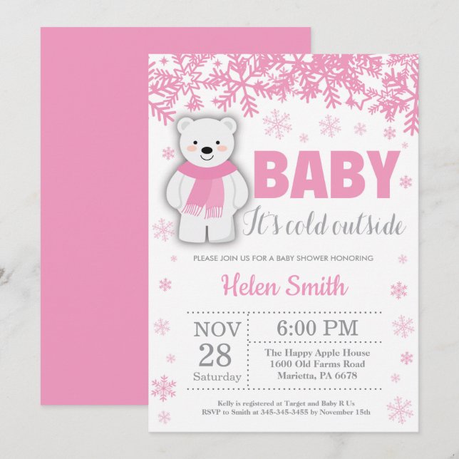 Invitación Baby Shower Chica rosado  de invierno de oso polar (Anverso / Reverso)