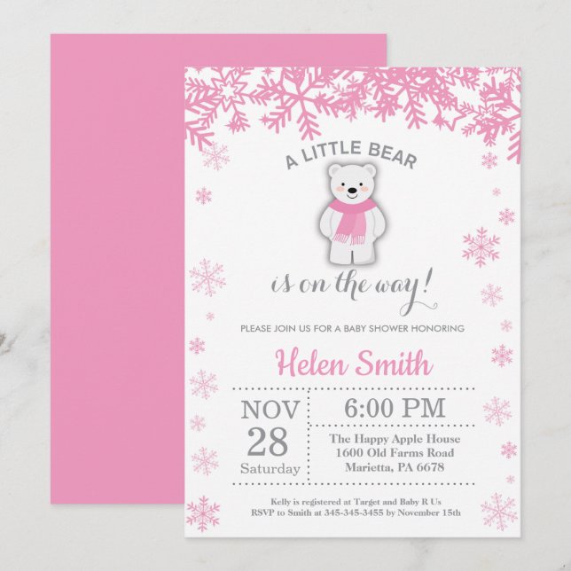 Invitación Baby Shower Chica rosado  de invierno de oso polar (Anverso / Reverso)