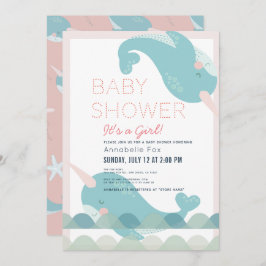 Invitación Baby Shower Chica rosado de Narwhal Waves Sea