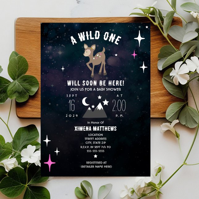 Invitación Baby Shower Chica rosado de un ciervo cósmico salv (Subido por el creador)