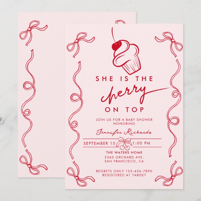 Invitación Baby Shower Chica rosado del pastel de cerezo rojo (Anverso / Reverso)