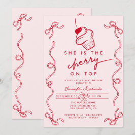 Invitación Baby Shower Chica rosado del pastel de cerezo rojo