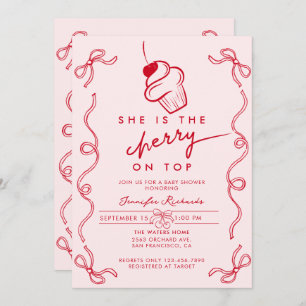 Invitación Baby Shower Chica rosado del pastel de cerezo rojo