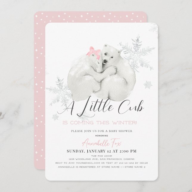 Invitación Baby Shower Chica rosado Polar Bear Winter Snowfla (Anverso / Reverso)