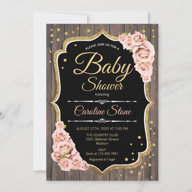 Invitación Baby Shower chica - Roses rosados Rubor de madera (Anverso)