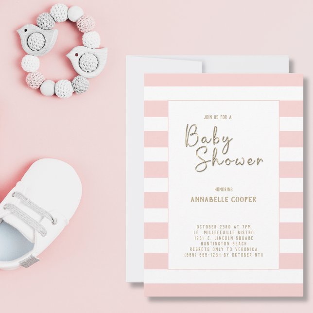 Invitación Baby Shower Chica Rubor de rayas blancas rosadas (Subido por el creador)
