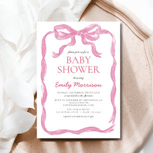 Invitación Baby Shower Chica Rubor Pink Ribbon Watercolor Bow