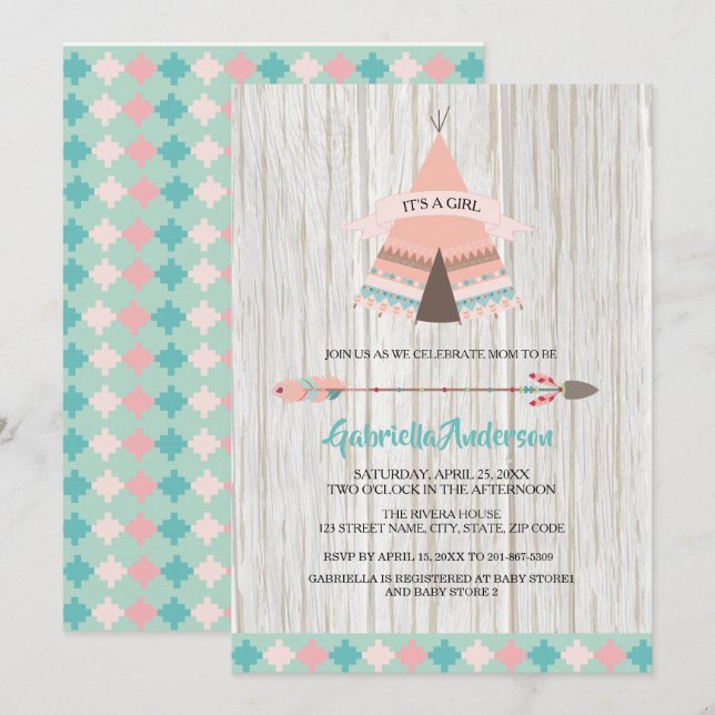 Invitación Baby Shower, Chica ruso del Boho Tribal Teepee (Anverso / Reverso)