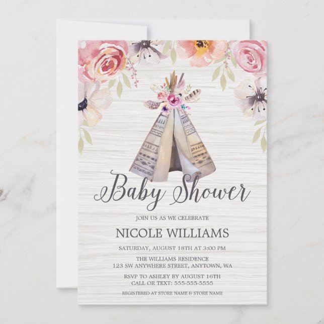 Invitación Baby Shower, Chica ruso del Boho Tribal Teepee (Anverso)